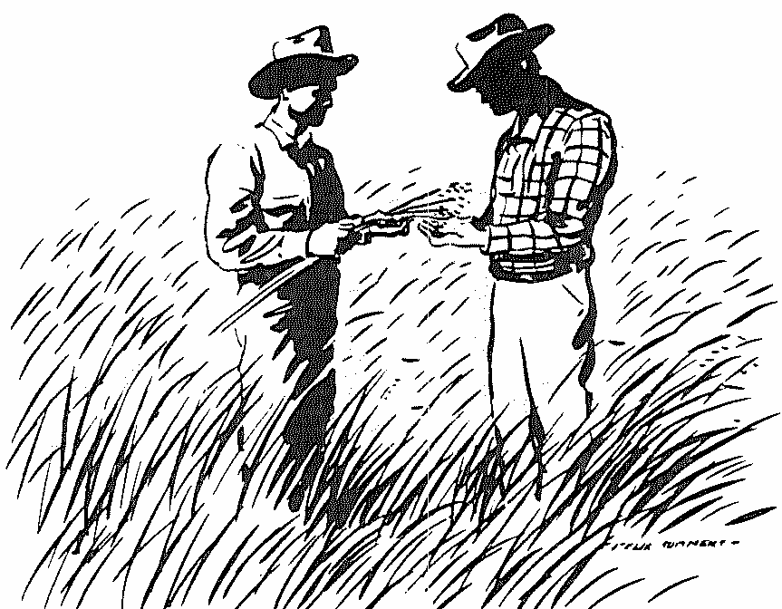 Illustration of two ranchers examining a handful of grass in a field