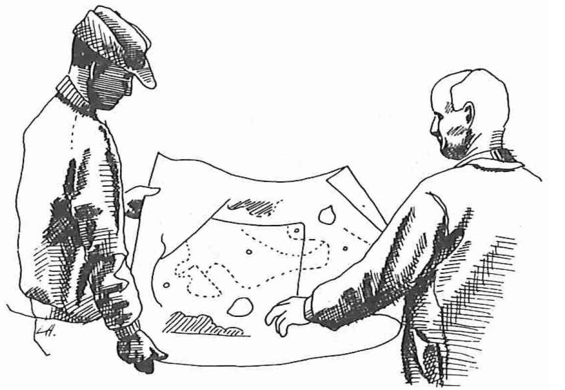 Illustration of two men reviewing a topographic relief map